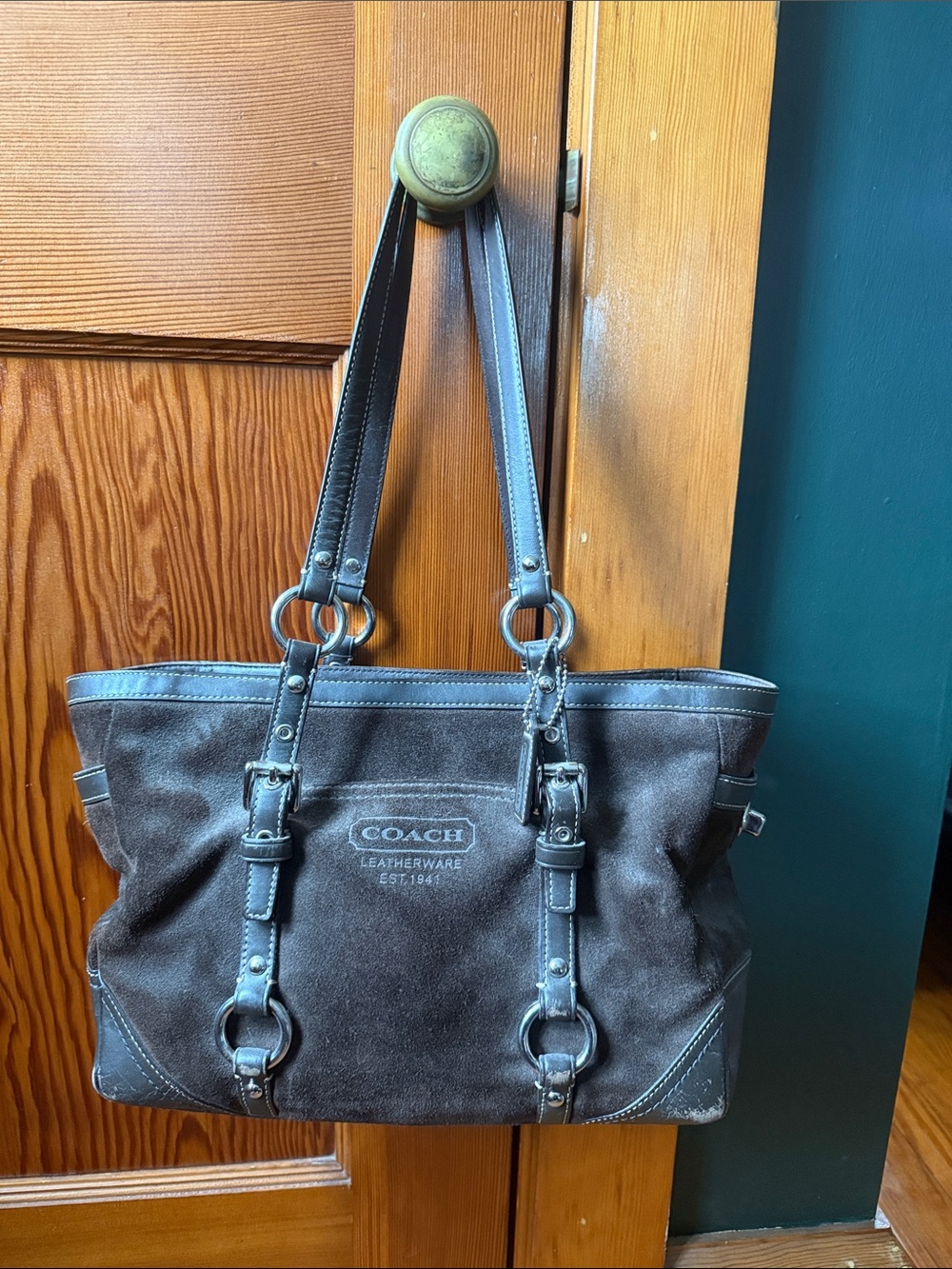 COACH Dark Brown Suede Tote with Brown Leather Trim